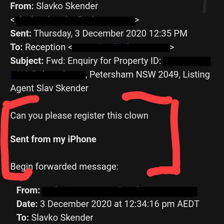 Gavin said he received this shocking email from a Sydney real estate agent after applying for a rental property. Picture: Gavin/Supplied