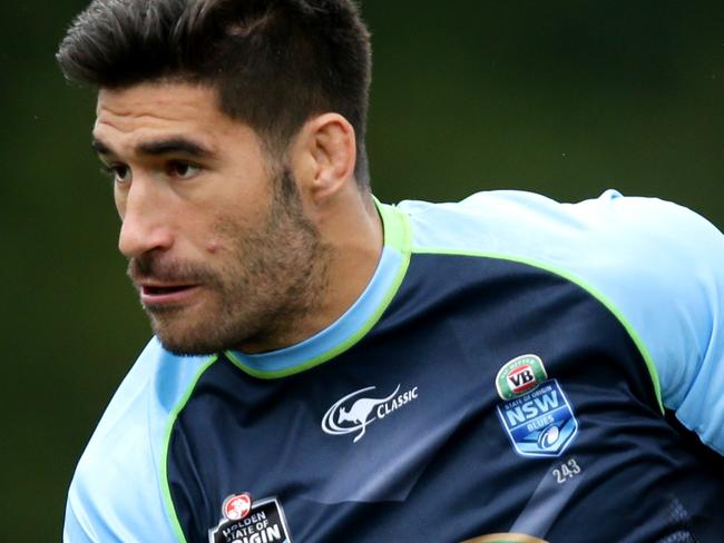 James Tamou during warm up for the NSW Blues final training session before they depart for Brisbane . Novotel Coffs Harbour . Picture : Gregg Porteous