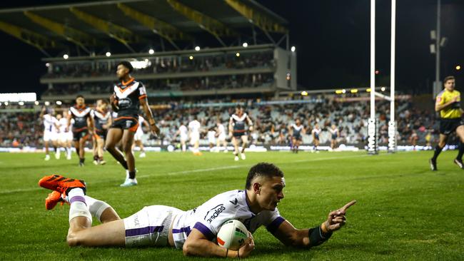 While Alex Twal stole the show with his first NRL try, Melbourne’s William Warbrick went about his work, scoring four tries. Picture: NRL Imagery.