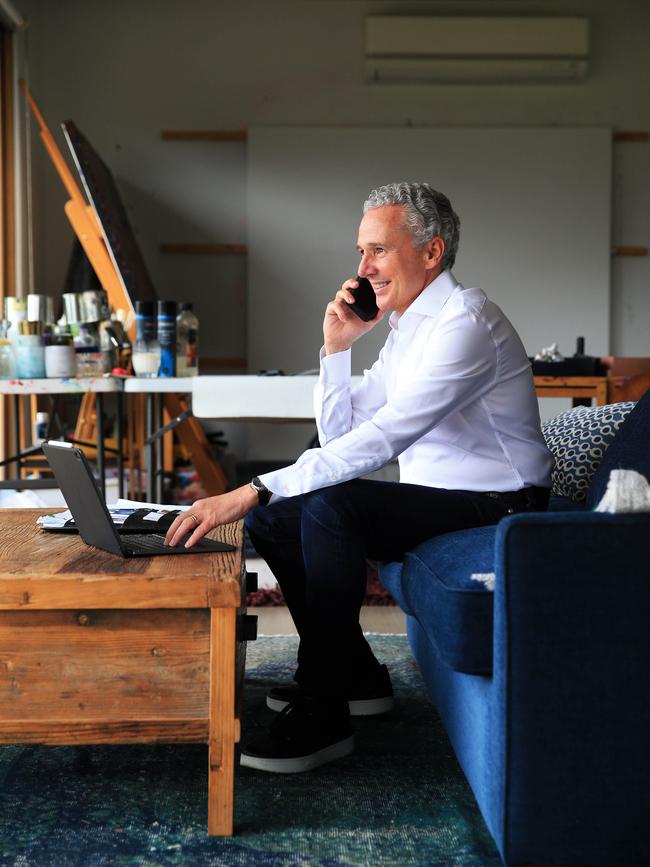 Telstra CEO Andy Penn working from home. Picture: Aaron Francis