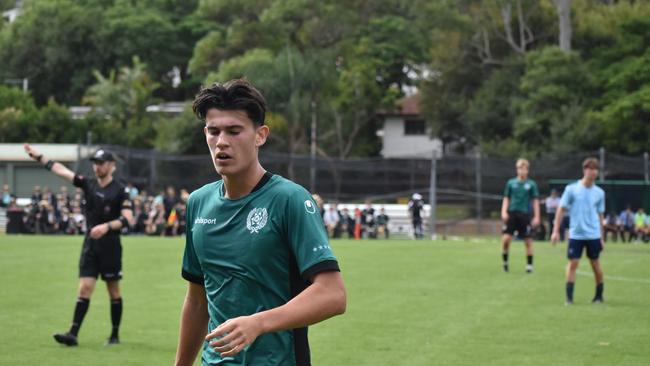 GPS First XI football action between Brisbane Boys College and Brisbane Grammar School. Saturday April 22, 2023. Picture: Nick Tucker. Footnote: This is not Evan Msonga of BBC.