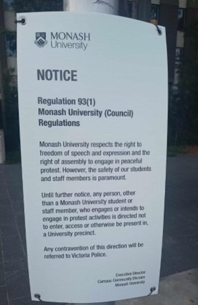 Monash University sign for encampment protests. Picture: Supplied