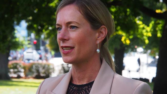 Tasmanian Labor leader Rebecca White speaks to the media on parliament Lawns in Hobart on Wednesday, March 9, 2022.