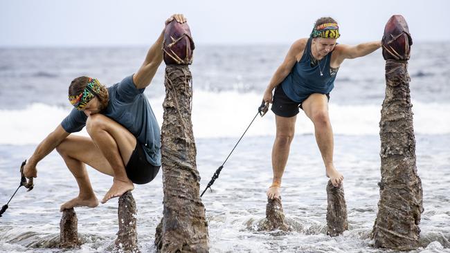 Genat and Sharn Coombes in one of the last challenges. Picture: Ten