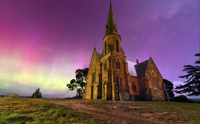 Scott Wilmott Bennett captured the aurora australis lighting up the Uniting Church at Ross in Tasmania.