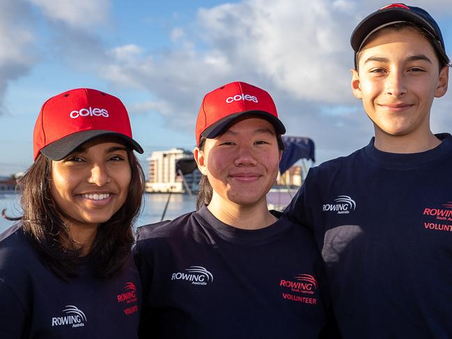 Norwood Morialta rowers (L-R) Twisha Srivastava, Angelica Chia and Ricardo Maturana. Picture: Supplied, Paul Dunstan