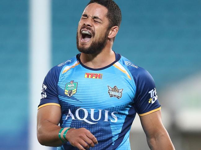 GOLD COAST, AUSTRALIA - JULY 30:  Jarryd Hayne of the Titans reacts during the round 21 NRL match between the Gold Coast Titans and the Wests Tigers at Cbus Super Stadium on July 30, 2017 in Gold Coast, Australia.  (Photo by Chris Hyde/Getty Images)