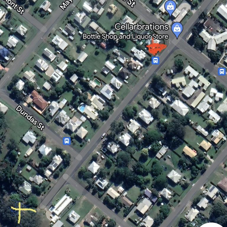 A map showing where the murder scene, the red mark, was located compared to where two bags – one being a blue cool reusable shopping bag, were hidden in bushes (yellow mark) next to the Mary River, containing evidence from Darren Ints's murder.