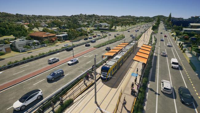 An artist’s impression of Gold Coast Light Rail Stage 4. Picture: Department of Transport and Main Roads.