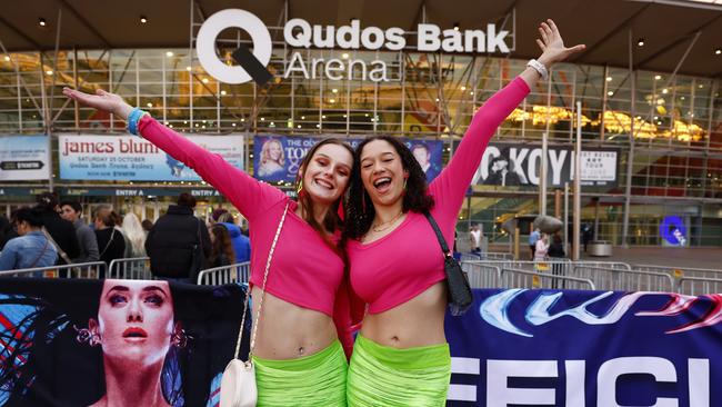 Katy Perry fans Karina Rogers and Jessica Okorom, both 21, at Qudos Bank Arena before Wednesday night’s show. Picture: Jonathan Ng
