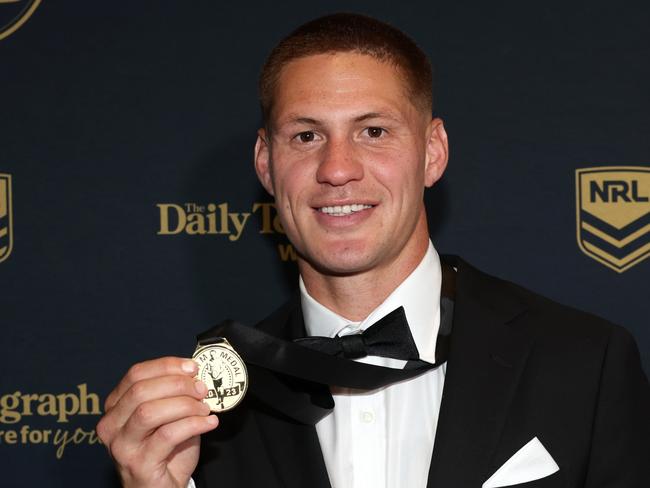 SYDNEY, AUSTRALIA - SEPTEMBER 27:  Kalyn Ponga of the Newcastle Knights poses after winning the 2023 NRL Dally M Medal and Fullback of the Year during the 2023 Dally M Awards at The Winx Stand, Royal Randwick Racecourse on September 27, 2023 in Sydney, Australia. (Photo by Mark Kolbe/Getty Images)