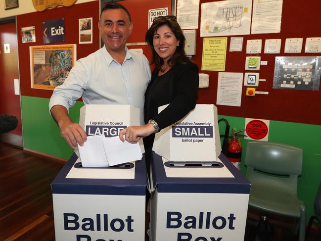 NSW National Leader John Barilaro and his wife Deanna voting at Jerrabomberra Public School. Picture Kym Smith