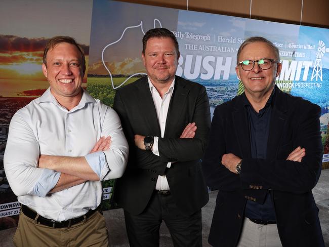 Premier of Queensland Steven Miles, The Courier-Mail Editor Chris Jones, Prime Minister of Australia Anthony Albanese, The Courier-Mail Bush Summit, Townsville. Picture: Liam Kidston