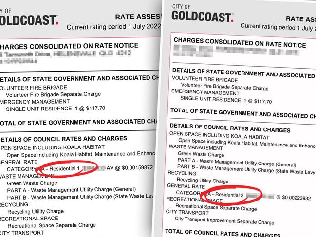 Gold Coast Council rate bills showing the 'Residential 1' and 'Residential 2' categories.