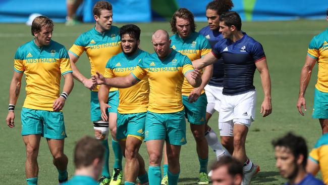 James Stannard leaves the field following the match against France during the 2016 Rio Olympic Men's Rugby Sevens game. Picture: Adam Head