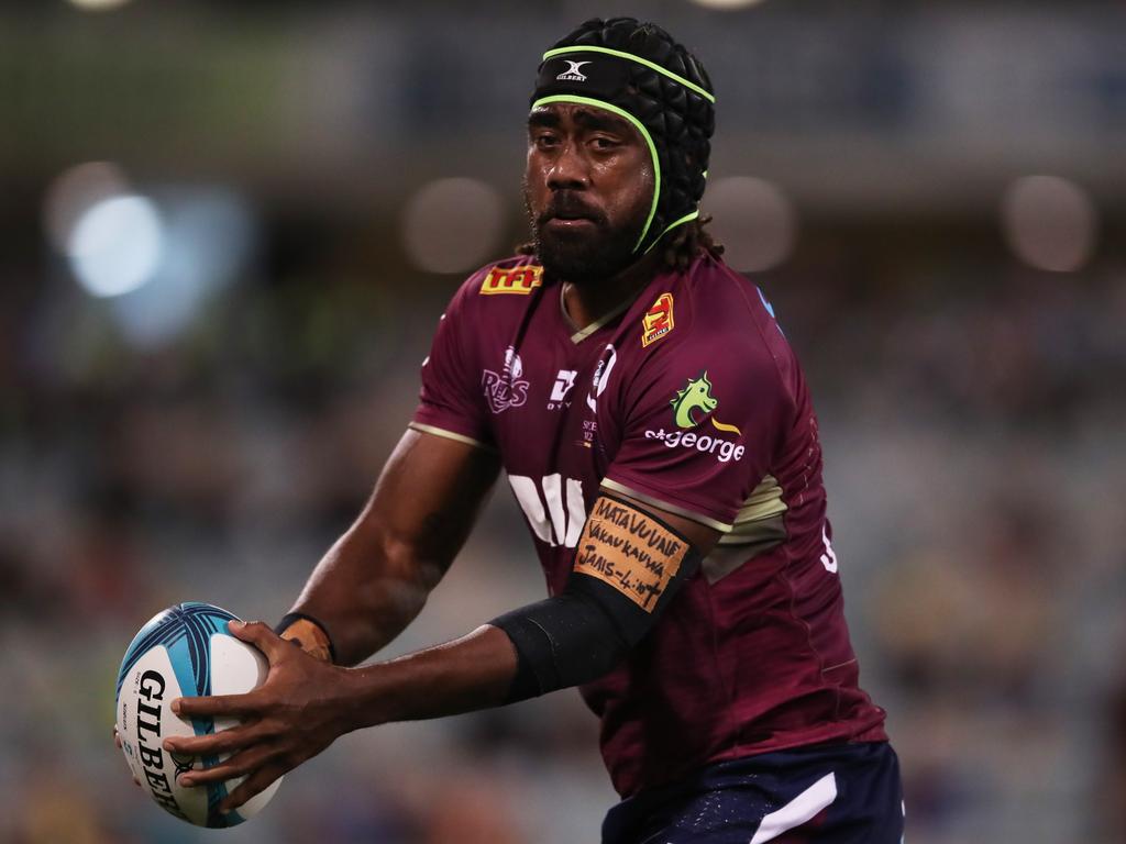 :Reds flanker Seru Uru looks to pass the ball in Queensland’s loss to the Brumbies. Picture: Matt King/Getty Images