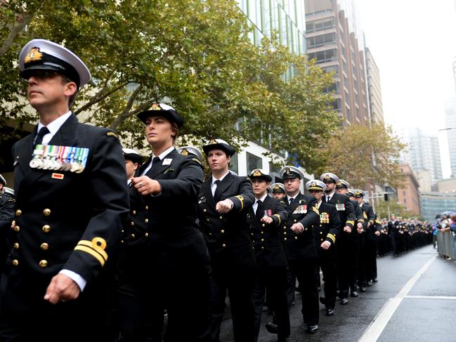 Naval personnel marching on Anzac Day. PIcture: Jeremy Piper