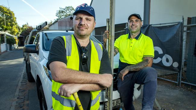 Concreters Michael Schinella and Stefanos Anagnostopoulos who are offering their services for homeowners that have been impacted by Adelaide Exposed Concrete going out of business. Picture Mark Brake