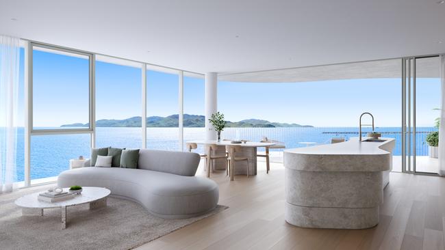 An artist’s impression of an apartment interior at Townsville’s Marina Residences, looking east to Magnetic Island.