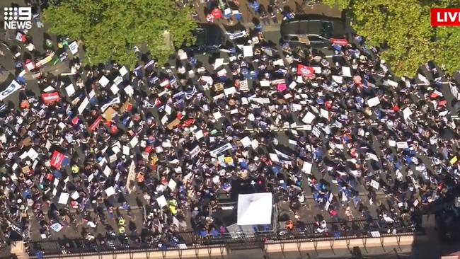 Thousands of nurses and midwives took to Sydney to strike in February. Picture: 9 News/Facebook