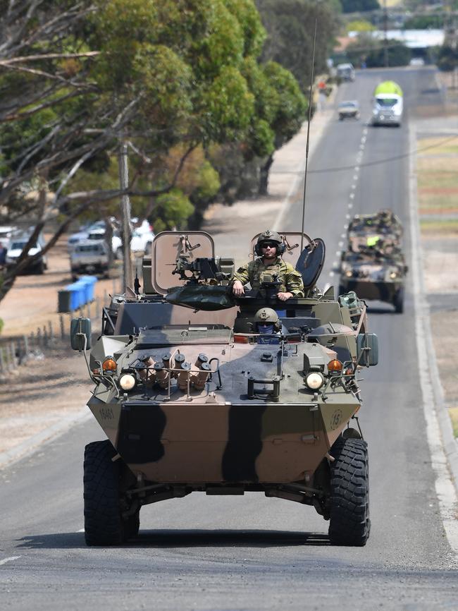 A convoy of ADF light armoured vehicles on Kangaroo Island. Picture: AAP