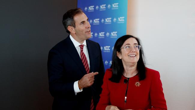 SYDNEY, AUSTRALIA - NewsWire Photos APRIL 10, 2024: Treasurer Jim Chalmers is greeted by ACCC Chair Gina Cass-Gottlieb on Wednesday morning before delivering the annual Bannerman Competition Lecture. Picture: NCA NewsWire / Nikki Short