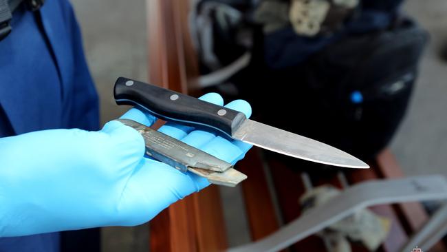 A photo of a knife confiscated during a blitz on public. Photo: NSW Police.