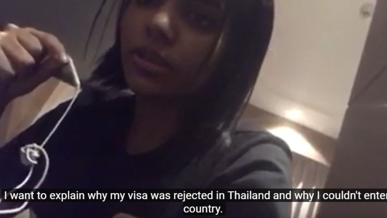 Saudi woman Rahaf Mohammed Alqunun has been posting video updates on Twitter and Youtube after she was held at an airport in Bangkok while attempting to travel to Australia. Picture: YouTube