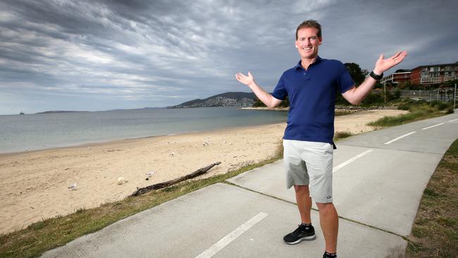 2018 Schools Triathlon Challenge event organiser Tim Smith, pictured under grey skies at Bellerive, has had to postpone the popular event for the first time. Picture: CHRIS KIDD