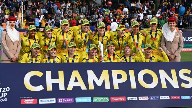 Meg Lanning lifts the ICC Women's T20 World Cup. Picture: Mike Hewitt / Getty Images