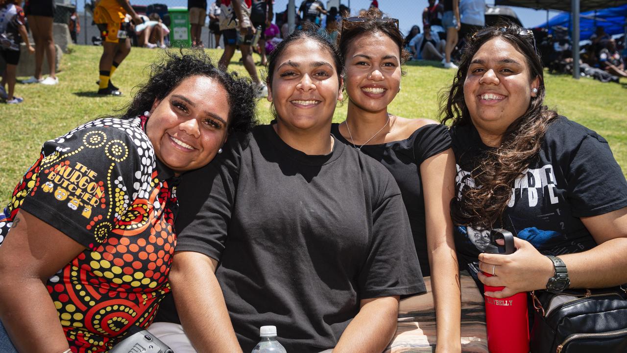 Backing the Cherbourg Hornets are (from left) Alira Gyemore, Sam Cobbo, Mia Sandow and Janelle O'Chin at the Warriors Reconciliation Carnival at Jack Martin Centre, Saturday, January 25, 2025. Picture: Kevin Farmer