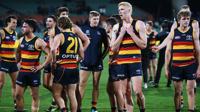 Dejected Crows after losing to the previously struggling West Coast. Picture: Getty Images