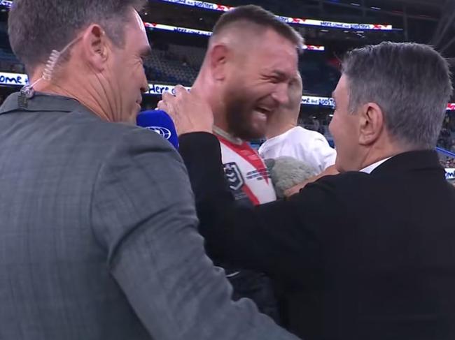 Nick Politis crashed Jared Waerea-Hargreaves' interview. Pic: Nine