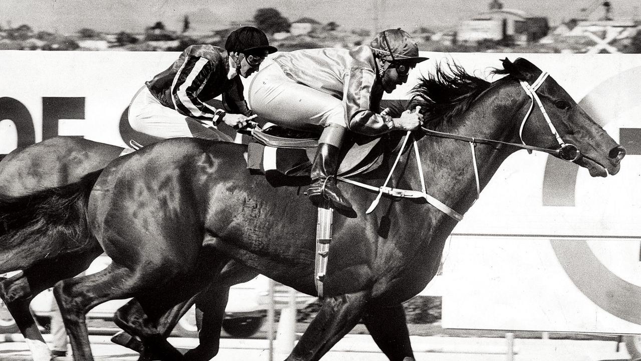 N52ck309 Champion jockey Peter Cook winning the 1982 Cox Plate on Kingston Town, and Peter Cook on his Gold Coast property recently. A book on his life Jockeying to the Top was launched this month.