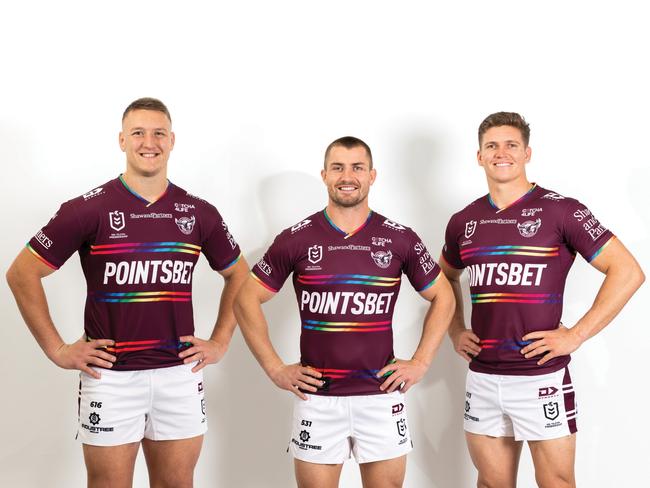 Manly's Sean Keppie, Kieran Foran and Reuben Garrick in the Sea Eagle's Pride jersey. Pic: Manly Digital