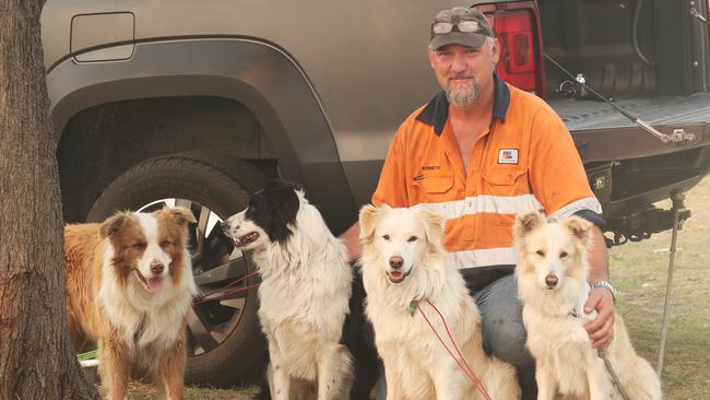 Ken Evans evacuated from Toolrloo Arm to Swan Reach with his dogs to get away from the fires. Picture: David Crosling