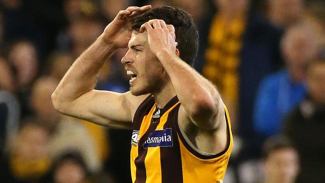 Hawthorn's Isaac Smith misses after the siren. Picture: George Salpigtidis