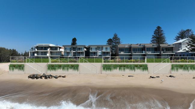 An artist's impression of the 90m-long, 6.5m tall seawall proposed for The Entrance North to protect properties from 1-13 Hutton Rd from further erosion. Picture: supplied