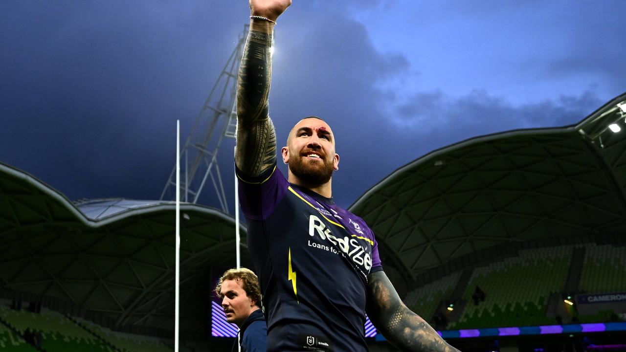 MELBOURNE, AUSTRALIA - SEPTEMBER 14: Nelson Asofa-Solomona of the Storm celebrates after winning the NRL Qualifying Final match between Melbourne Storm and Cronulla Sharks at AAMI Park on September 14, 2024 in Melbourne, Australia. (Photo by Quinn Rooney/Getty Images)