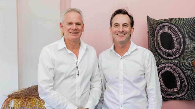AFLNT chairman Sean Bowden and AFL chief executive Andrew Dillon at the launch of the Sir Doug Nicholls round in Darwin ahead of the AFL match between the Gold Coast Suns and Hawthorn. Picture: Pema Tamang Pakhrin