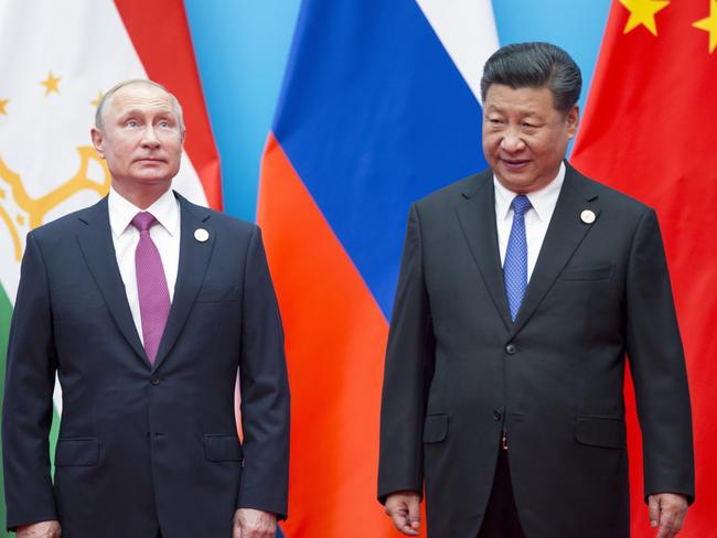 Russian President Vladimir Putin and Chinese President Xi Jinping have praised their relationship and China’s involvement in the war games. Picture: Alexander Zemlianichenko