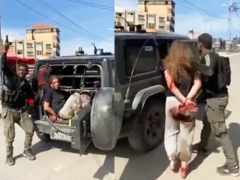 A still taken from video appearing on social media showing 19-year-old Israeli Naama Levy being taken prisoner by Palestinian militants.