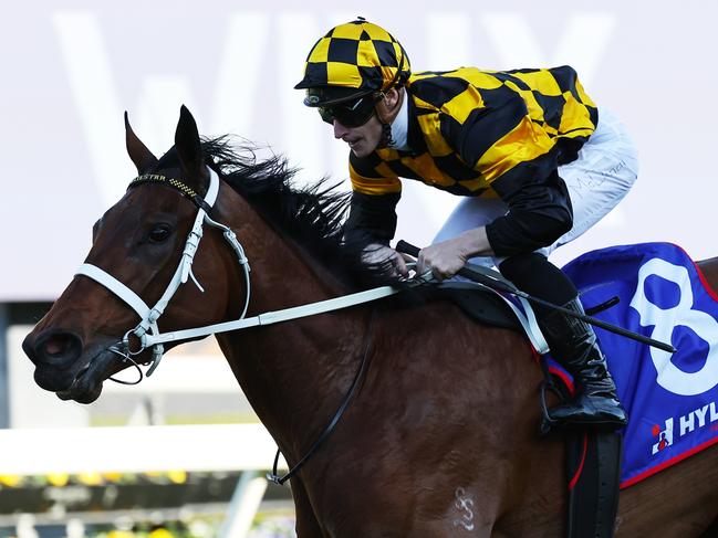 SYDNEY, AUSTRALIA - AUGUST 24: James McDonald riding Joliestar wins Race 7 Hyland Race Colours Show County Quality during Winx Stakes Day - Sydney Racing at Royal Randwick Racecourse on August 24, 2024 in Sydney, Australia. (Photo by Jeremy Ng/Getty Images)