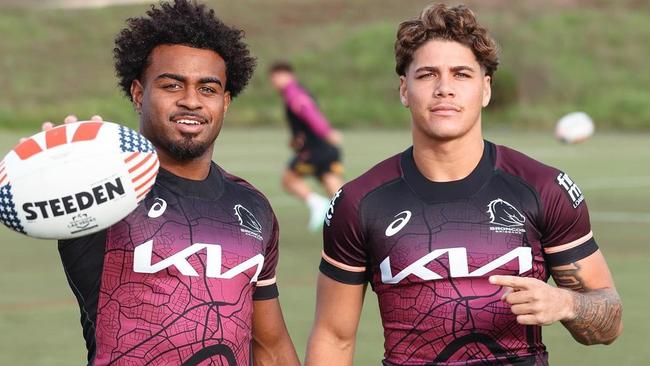 Ezra Mam and Reece Walsh at training in LA. Picture: Instagram/@brisbanebroncos