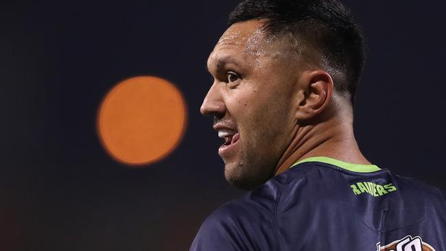 SYDNEY, AUSTRALIA - JUNE 13: Jordan Rapana of the Raiders warms up before the round five NRL match between the Wests Tigers and the Canberra Raiders at Campbelltown Stadium on June 13, 2020 in Sydney, Australia. (Photo by Mark Kolbe/Getty Images)