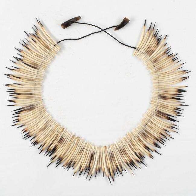 A palawa necklace made by Tracy Purdon, from echidna quills and claws, which forms part of an exhibition at Bett Gallery. Picture: Jack Bett