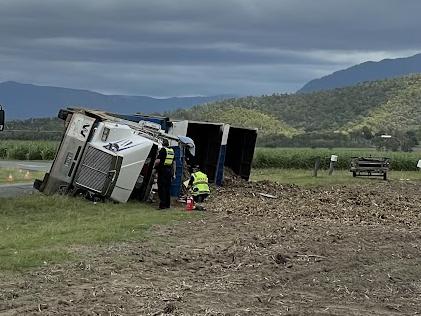 A driver has suffered life threatening injuries after a truck rolled pinning him underneath at 1.20pm on Gunyarra Rd at Andromache. Photo: Krystal Hender