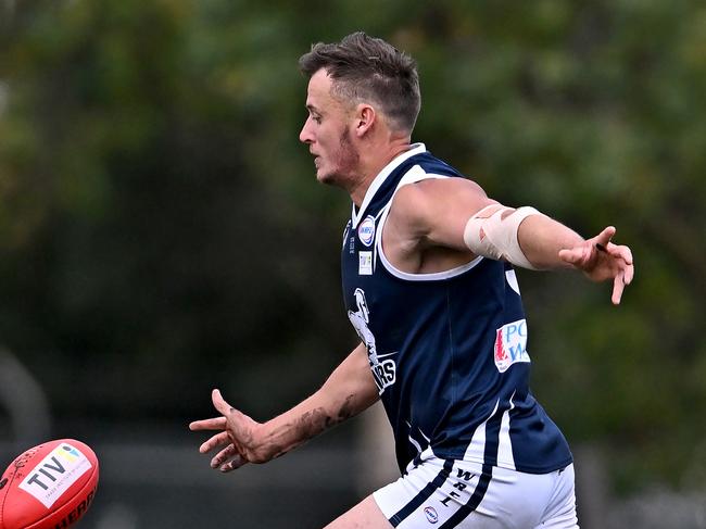 Hoppers CrossingÃs Harley Armstrong-Weston during the WRFL Deer Park v Hoppers Crossing football match in Deer Park, Saturday, April 30, 2022. Picture: Andy Brownbill