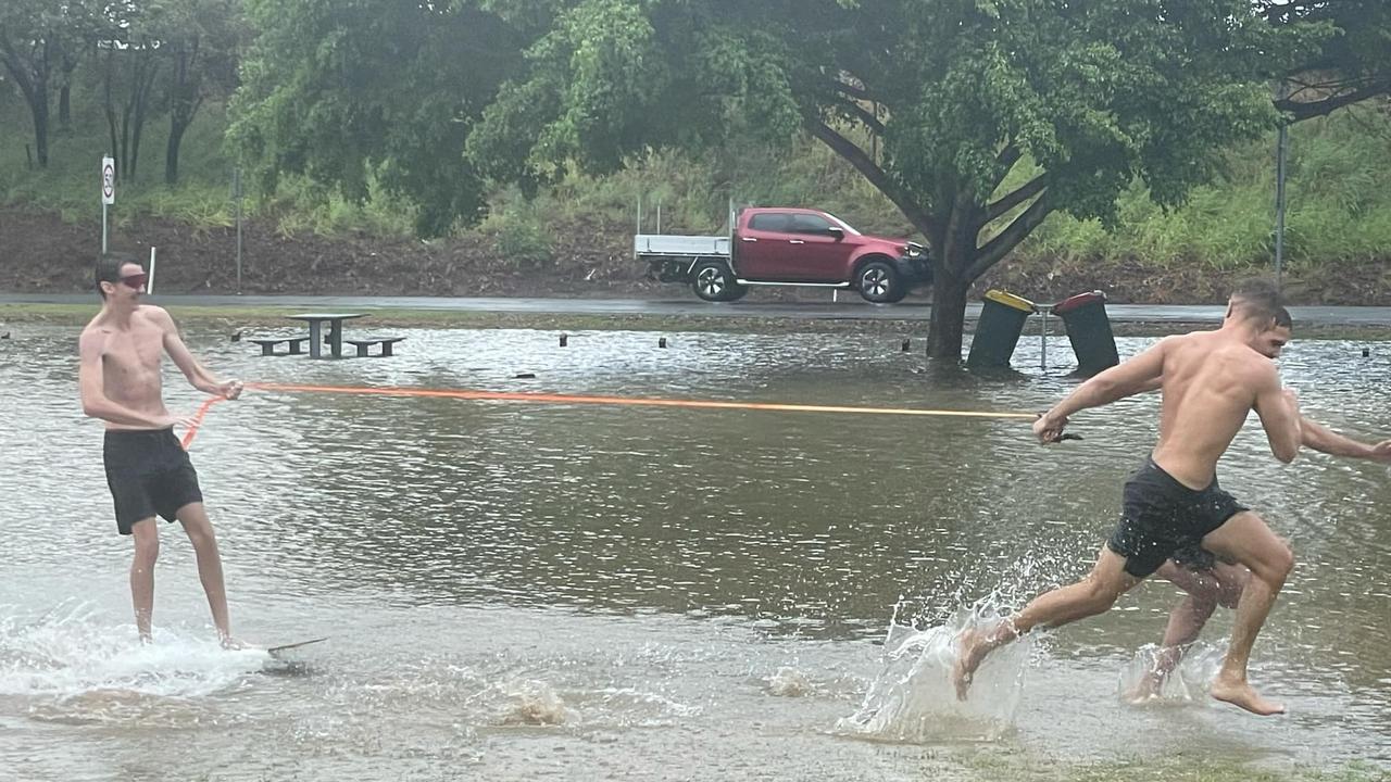 Hayden Eales on the makeshift ski on a flooded Hervey Bay oval. Picture: Phillip Fynes-Clinton