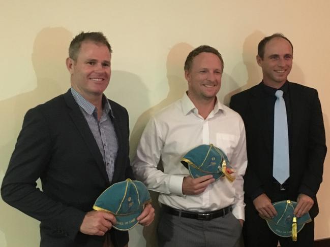 New Gold Coast Dolphins coach Chris Swan with fellow club Hall of Fame inductees Andrew Robinson and Damian Wallis.